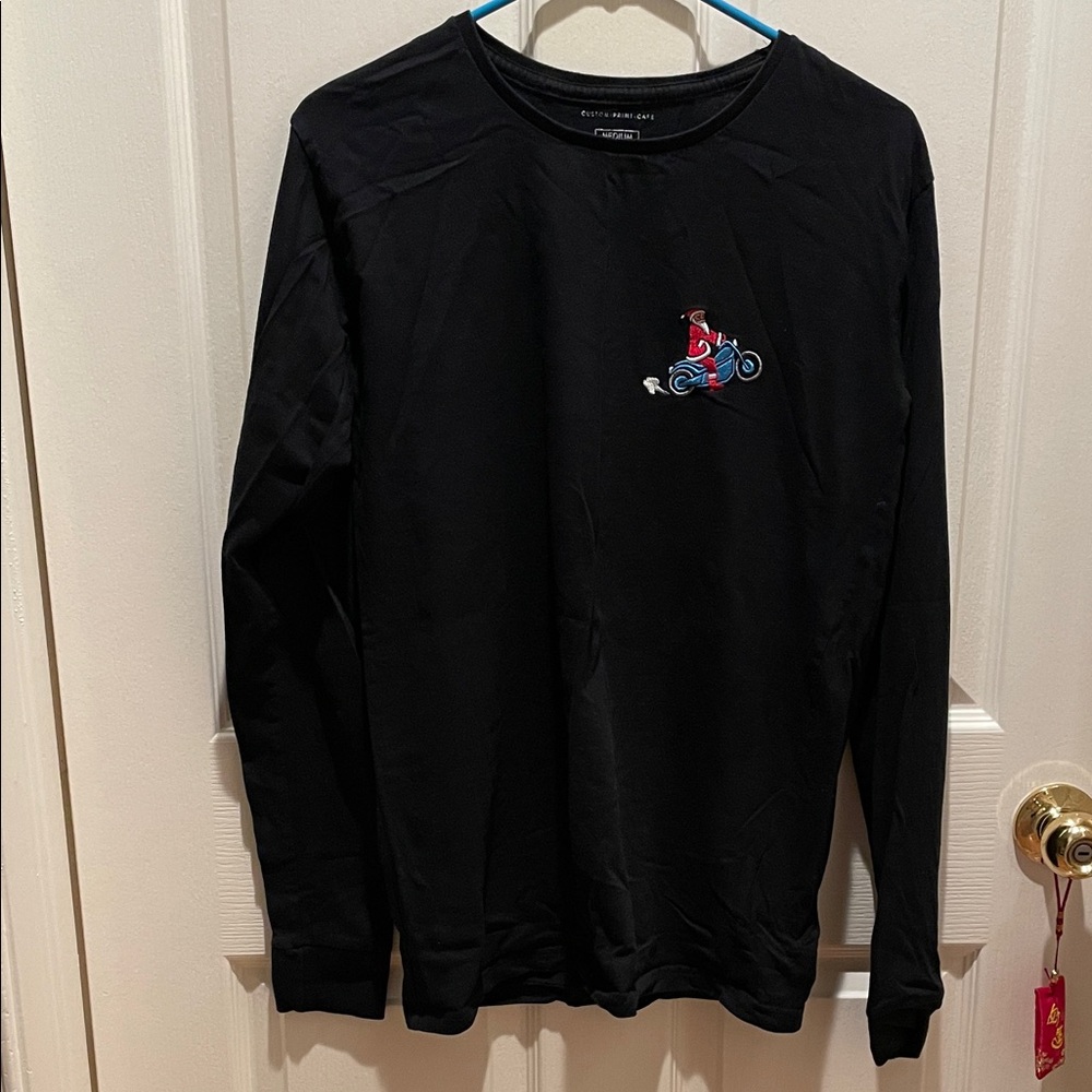 Classic Black Long Sleeve Tee with Embroidered Santa and Motorcycle